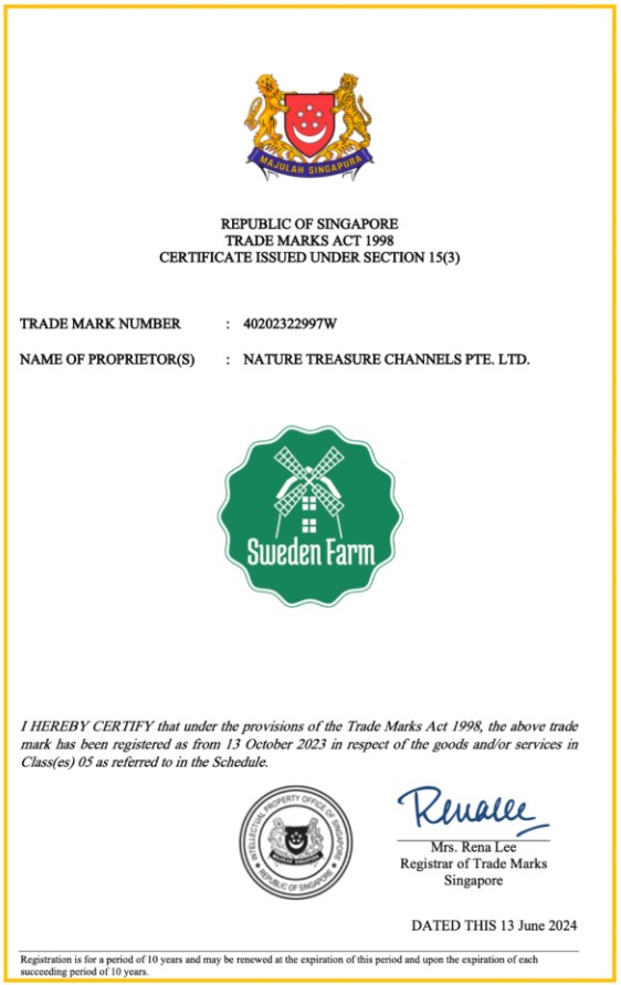 Nutriune rebrand Sweden Farm trademark certificate Singapore Nature Treasure Channels