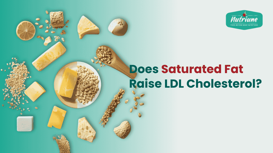 Does saturated fat raise LDL cholesterol text with foods like butter, cheese, oats, and grains on a teal background.