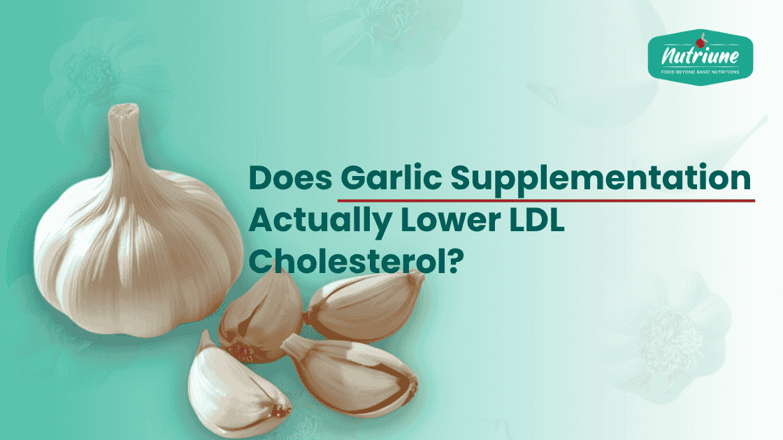 Garlic, garlic oil capsules, and lab equipment with text about lowering LDL cholesterol and heart health.